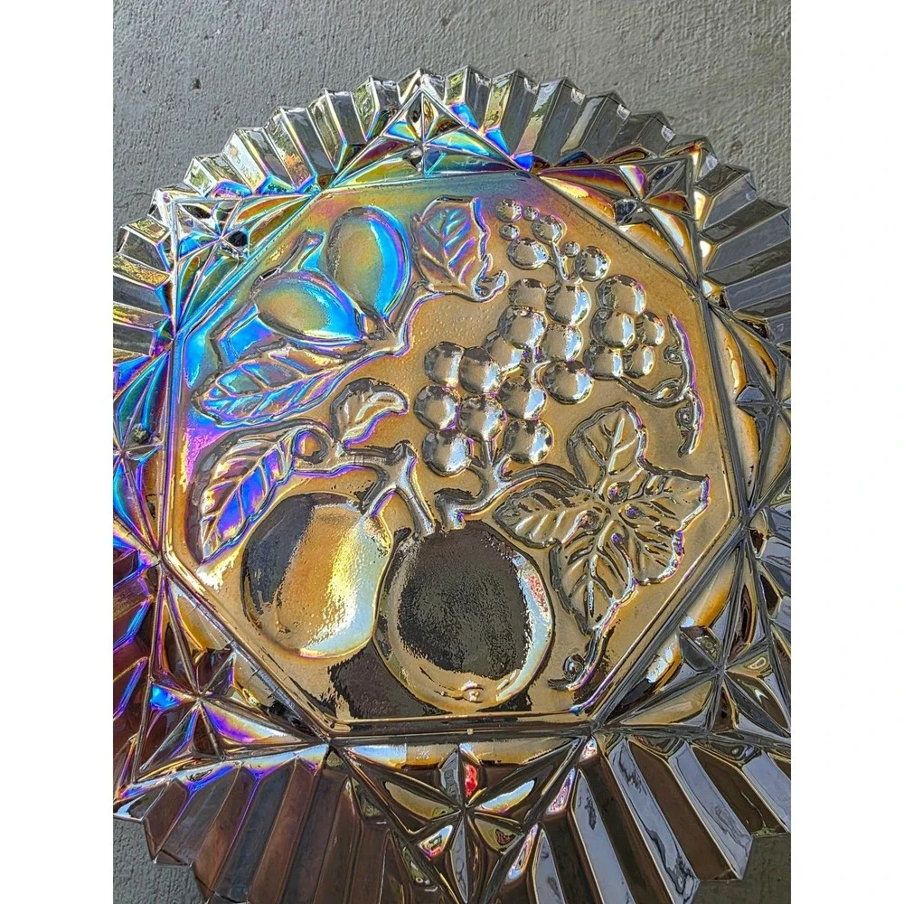 Vintage Carnival Glass Bowl Iridescent Fruit Harvest Grapes Pears 10.5 Inch‎ E3